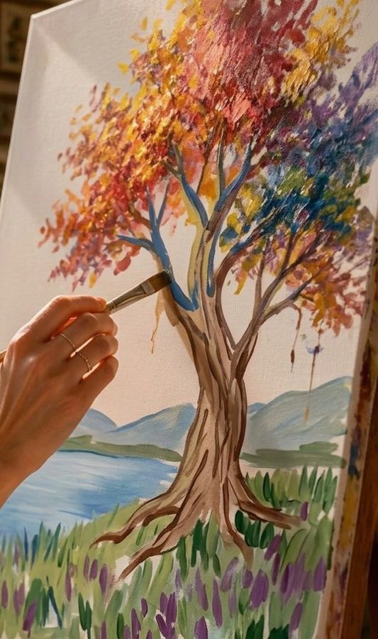 Hand painting a colorful tree on canvas