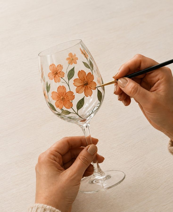 Hands painting flowers on a wine glass